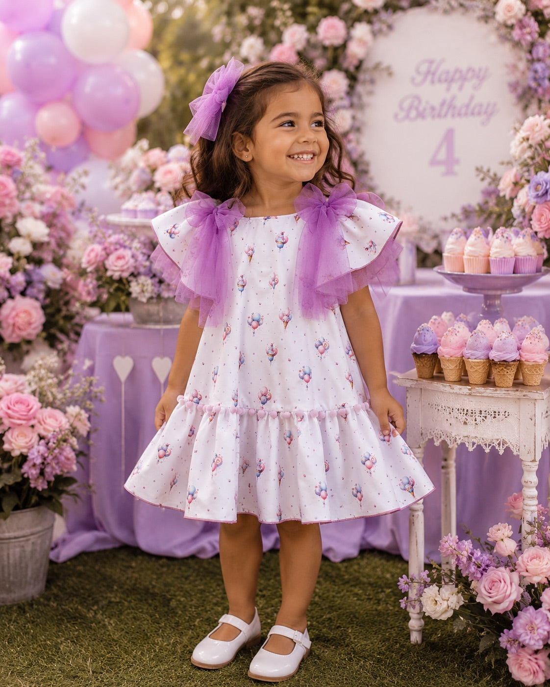 Babine Lilac Dream Dress featuring an ice cream, balloon and cupcake print, lilac tulle bows, frill sleeves, pom pom hem trim and scoop back tie.