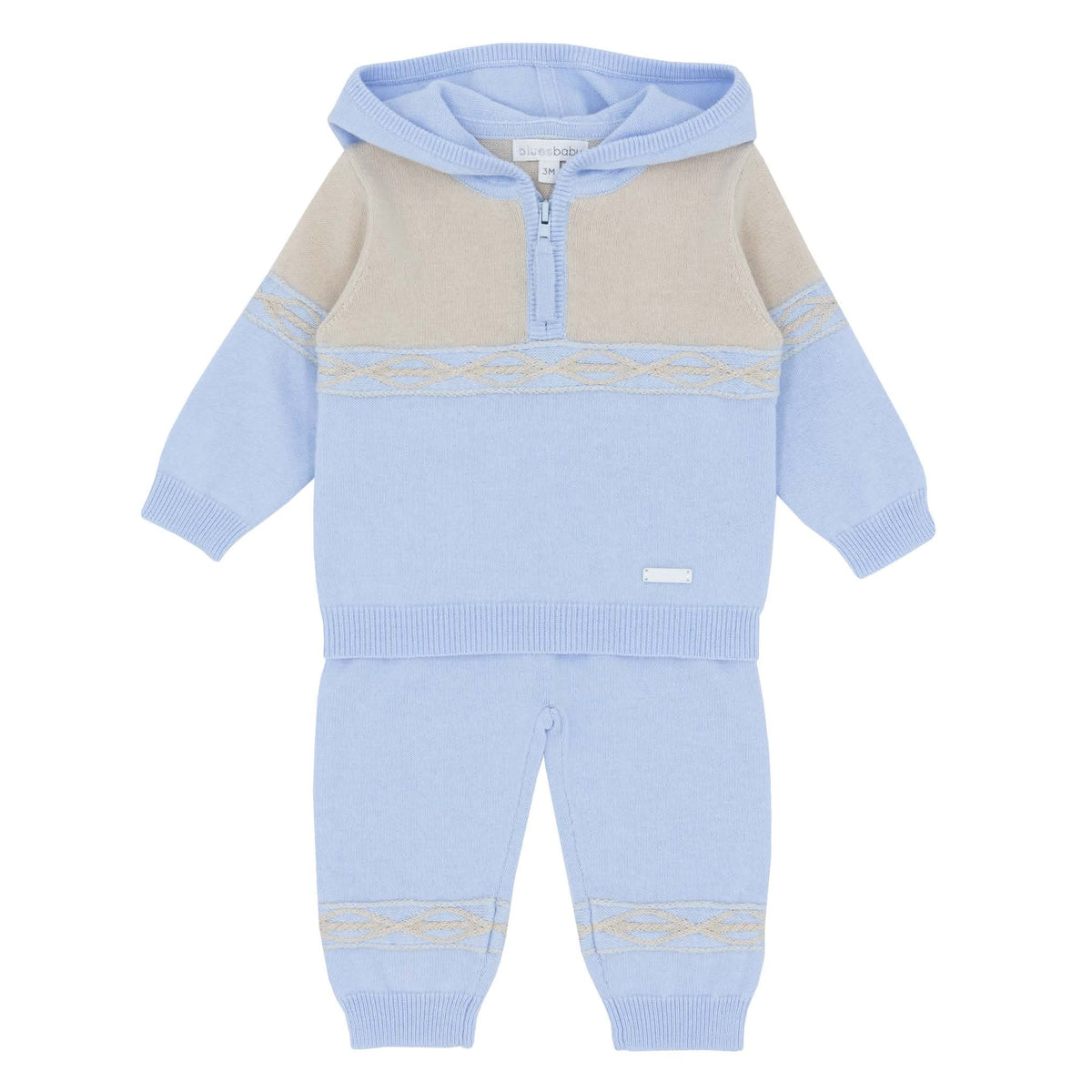 Bluesbaby Mica baby blue knitted boys trouser set with beige contrasting panels, geometric patterned detailing, half-zip hooded jumper and matching trousers.