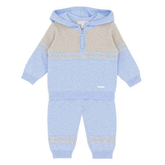 Bluesbaby Mica baby blue knitted boys trouser set with beige contrasting panels, geometric patterned detailing, half-zip hooded jumper and matching trousers.