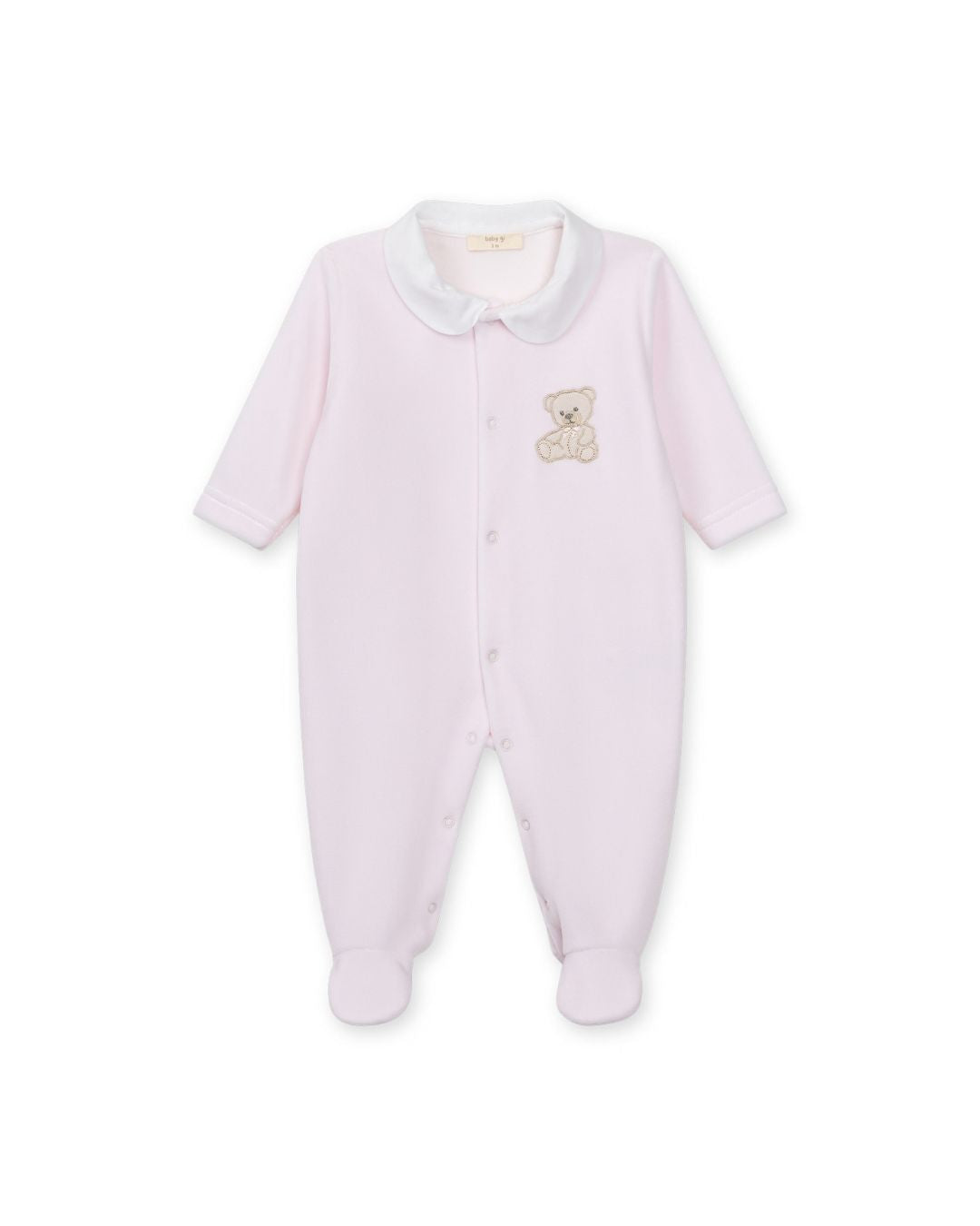 Baby Gi Velour Teddy Babygrow with Peter Pan collar and embroidered teddy motif in pink, blue and ivory.