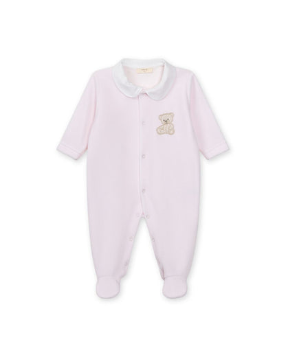 Baby Gi Velour Teddy Babygrow with Peter Pan collar and embroidered teddy motif in pink, blue and ivory.