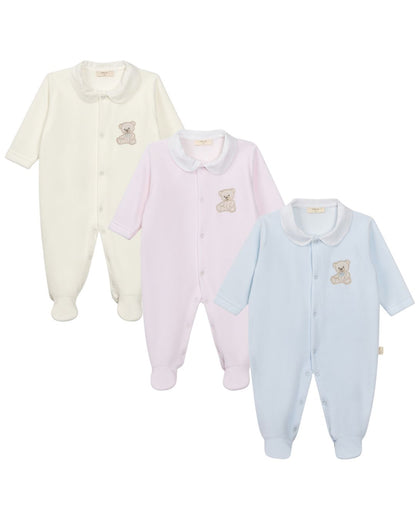 Baby Gi Velour Teddy Babygrow with Peter Pan collar and embroidered teddy motif in pink, blue and ivory.