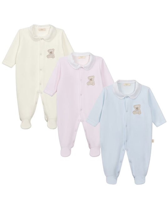 Baby Gi Velour Teddy Babygrow with Peter Pan collar and embroidered teddy motif in pink, blue and ivory.