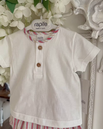 Designed with a linen-look striped short in a mix of red, blue, camel and soft off-white tones. Paired with a crisp white tee, finished with a contrasting striped trim to the neckline and classic wooden button detailing.
