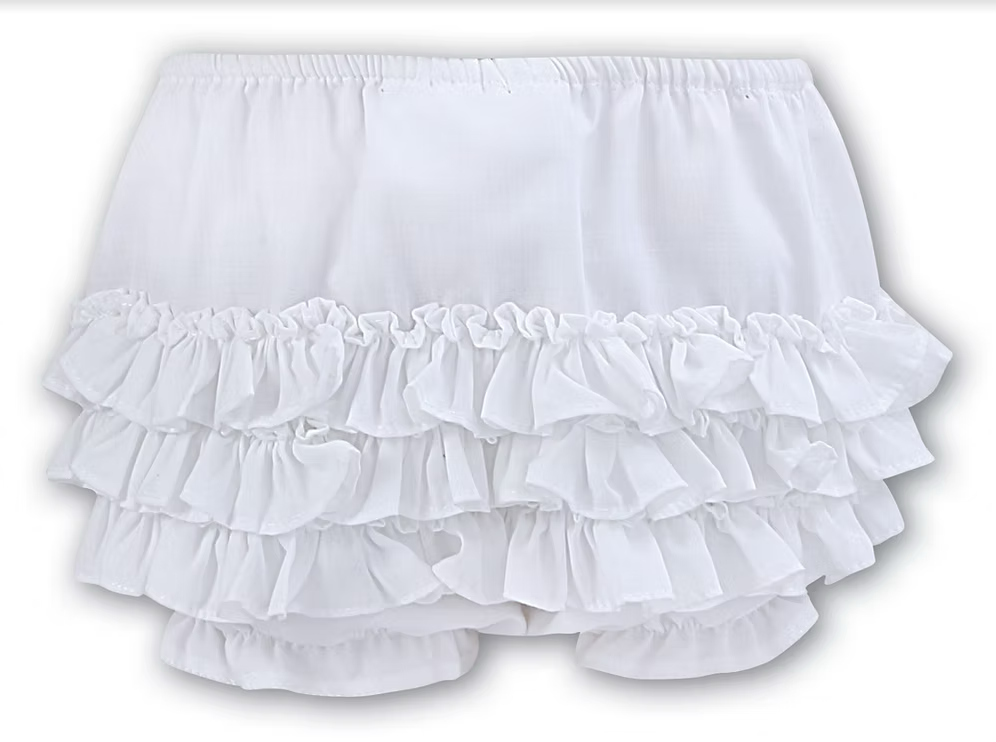 Sarah Louise Tiered Ruffle Knickers featuring layered frill detailing, soft lightweight fabric and a classic traditional design for baby girls.