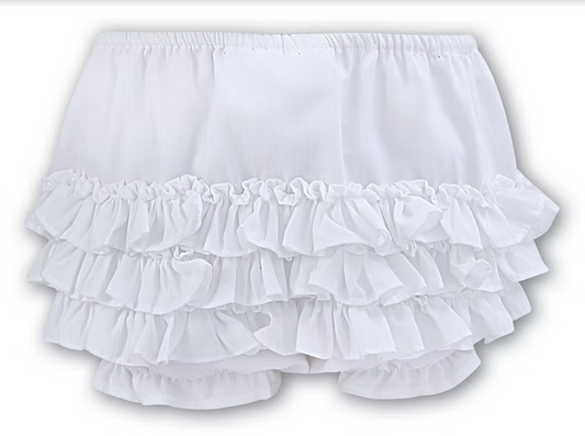Sarah Louise Tiered Ruffle Knickers featuring layered frill detailing, soft lightweight fabric and a classic traditional design for baby girls.