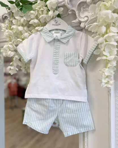 Deolinda Mint Stripe Short Set featuring a white polo top with mint stripe collar, pocket and trims, paired with matching mint striped shorts.