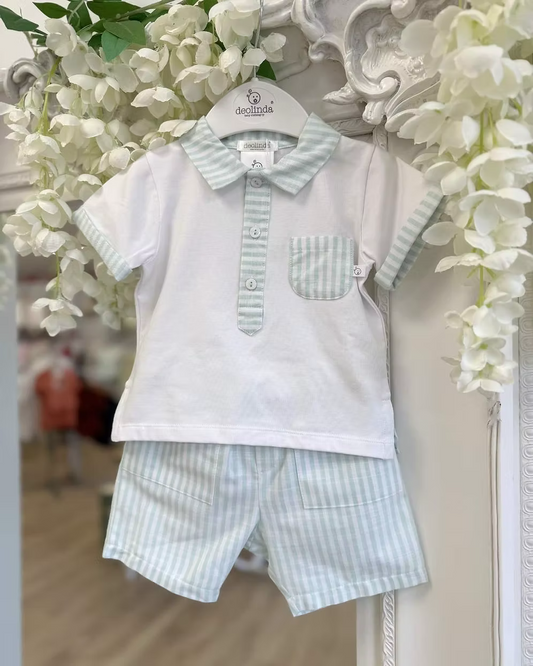 Deolinda Mint Stripe Short Set featuring a white polo top with mint stripe collar, pocket and trims, paired with matching mint striped shorts.