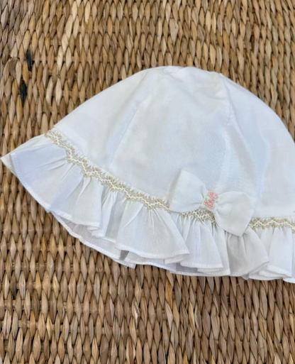 Sarah Louise x Little Lambs Heritage Ruffle Hat featuring soft ivory fabric, delicate ruffle trim and subtle embroidered detailing.