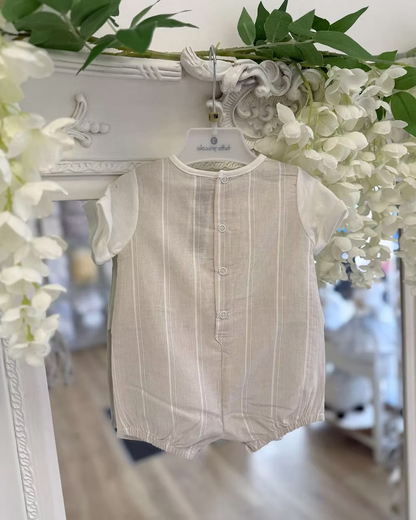 Tutto Piccolo Finn Romper featuring an ivory top, beige striped back with ivory block sleeves. Easy back popper fastening.