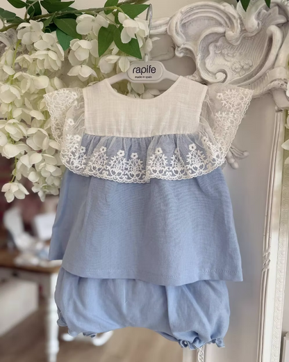 blue top and short with a white chest and white lace trim