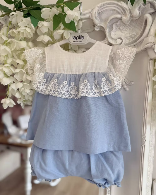 blue top and short with a white chest and white lace trim