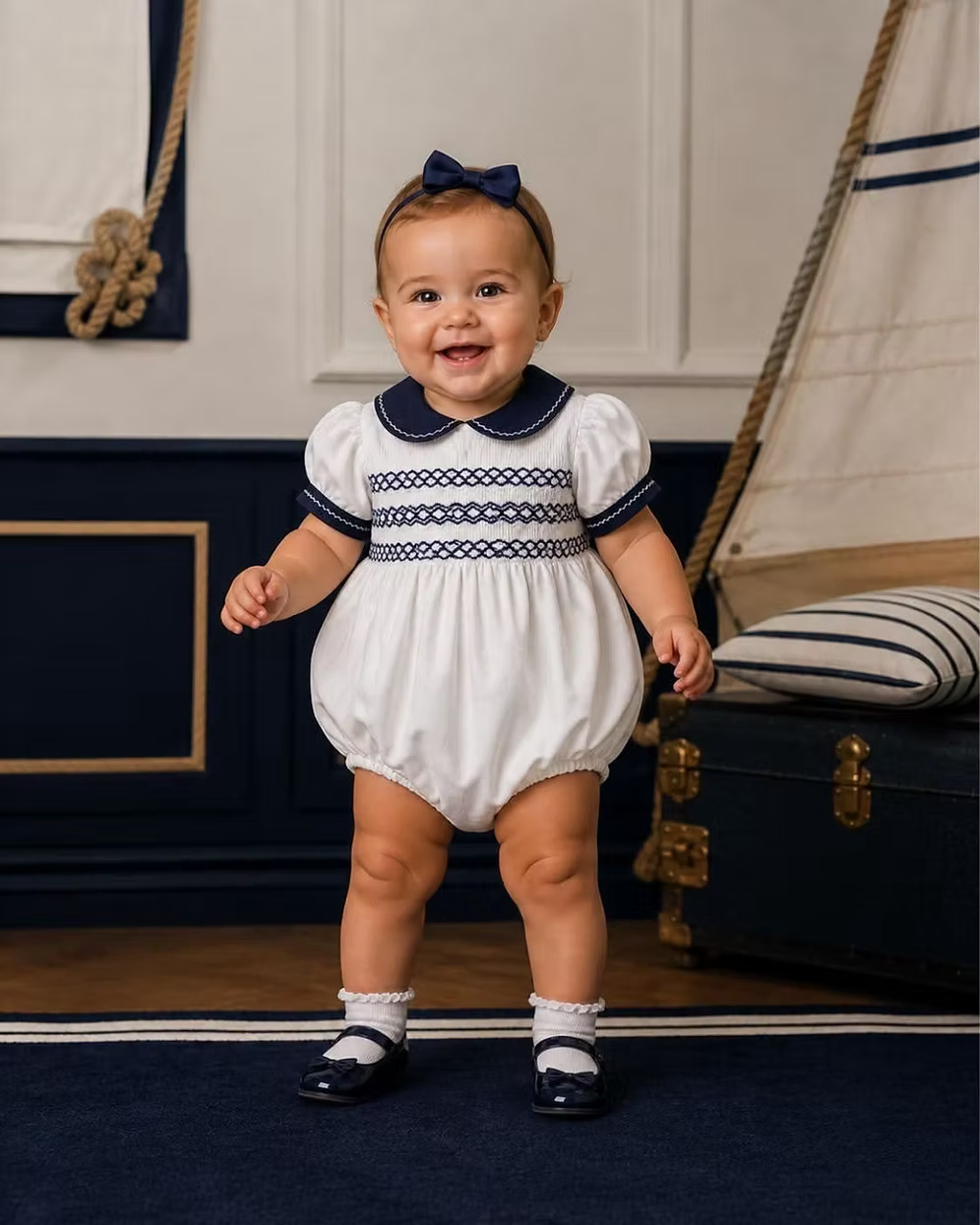 Baby in a white romper with navy trim standing in a nautical-themed room.