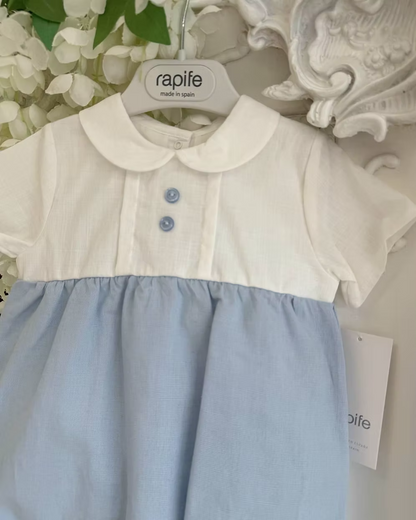Baby romper with white top and blue bottom