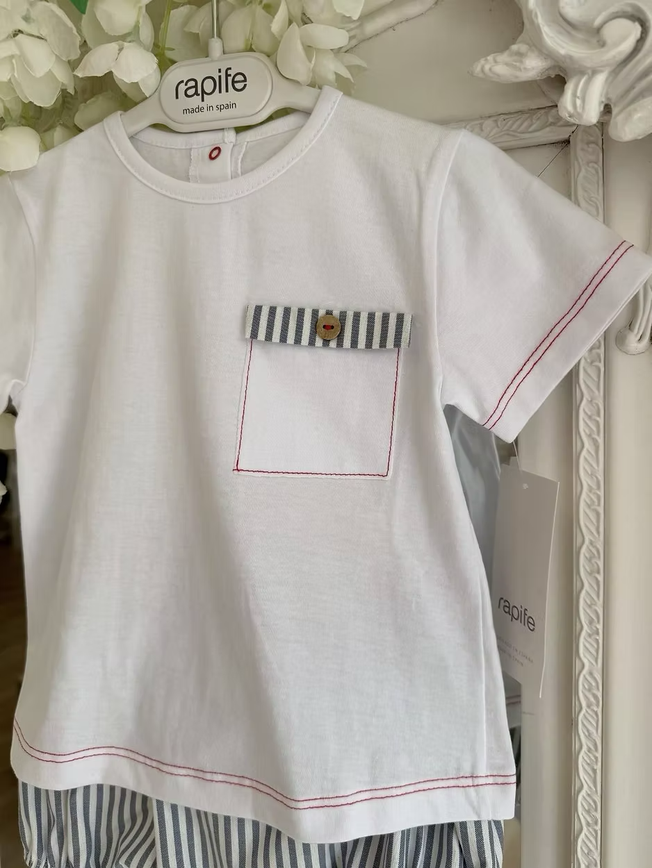 Featuring soft navy striped shorts paired with a fresh white tee. Beautifully detailed with subtle red stitch trims and a chest pocket finished with a navy stripe flap and wooden button.