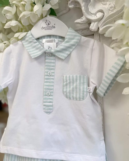 Deolinda Mint Stripe Short Set featuring a white polo top with mint stripe collar, pocket and trims, paired with matching mint striped shorts.
