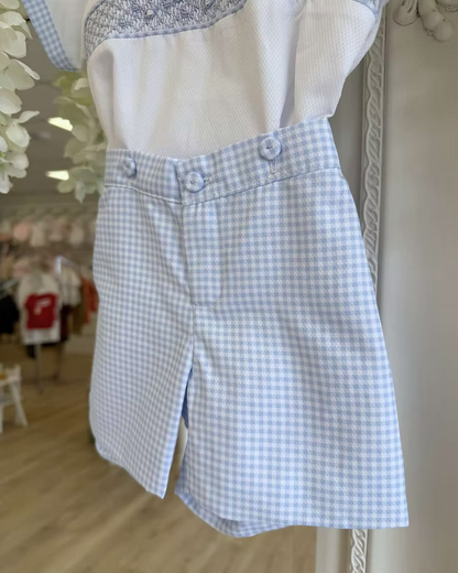 Pretty Originals Harry Gingham Short Set featuring blue and white gingham shorts, hand-smocked embroidered shirt and matching gingham trims.