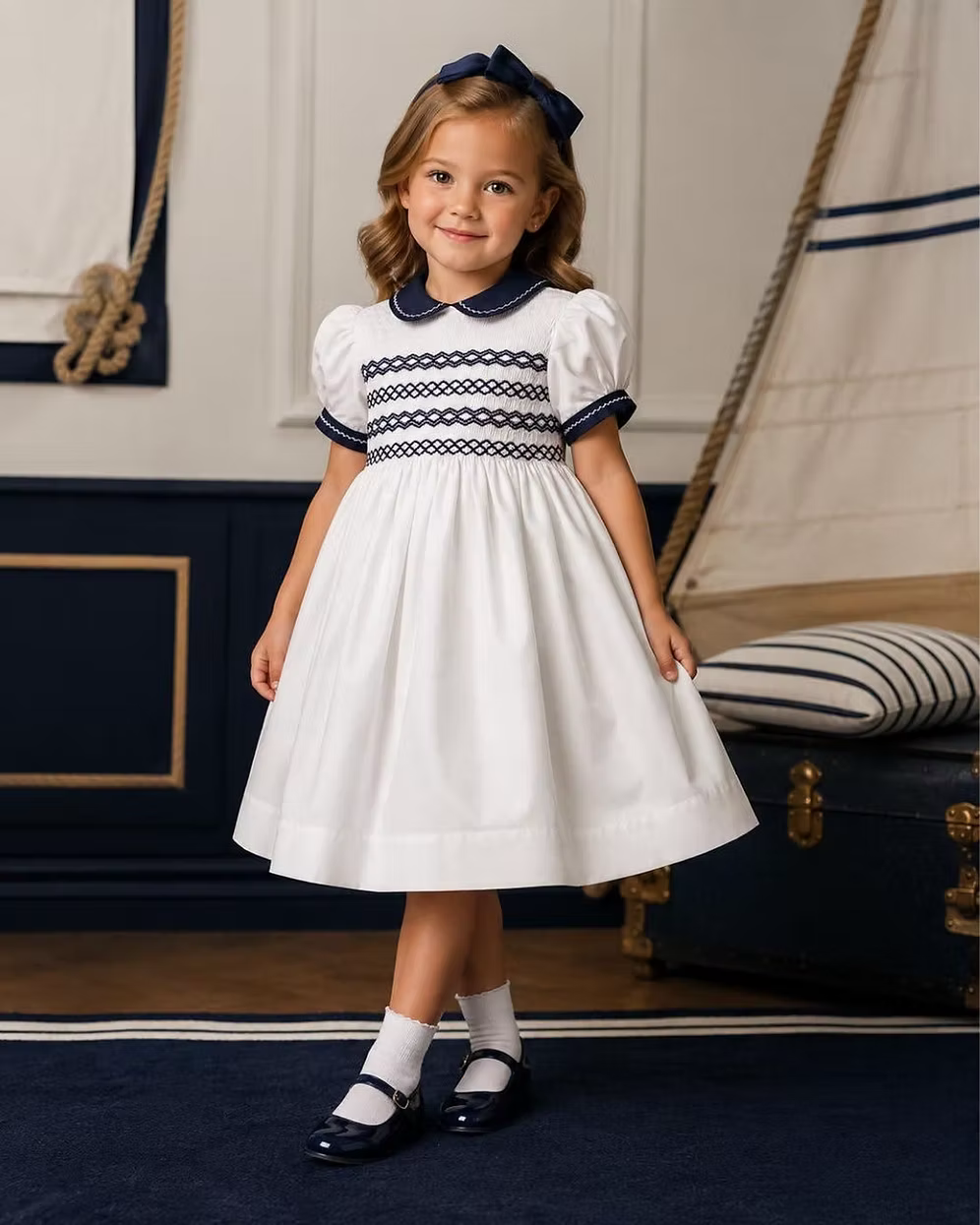 Young girl in a white dress with navy details standing in a nautical-themed room.