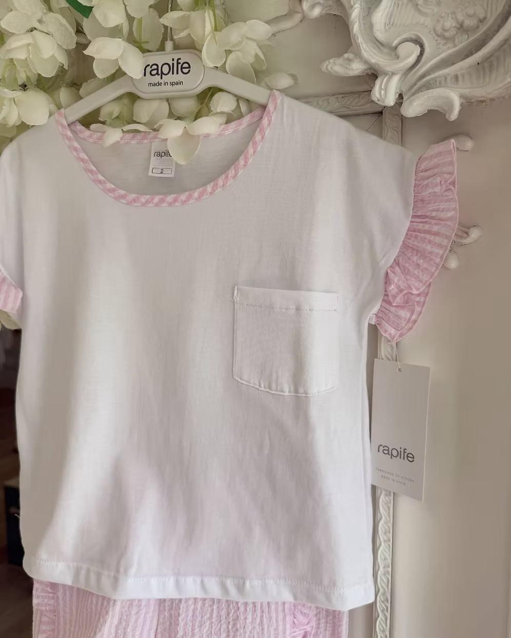 Rapife white tee with pink stripe frill sleeve, neck and shorts