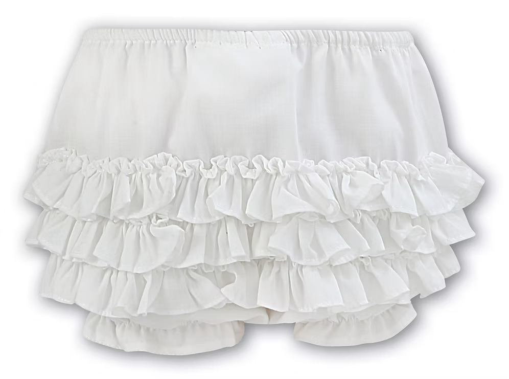 Sarah Louise Tiered Ruffle Knickers featuring layered frill detailing, soft lightweight fabric and a classic traditional design for baby girls.