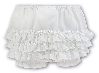 Sarah Louise Tiered Ruffle Knickers featuring layered frill detailing, soft lightweight fabric and a classic traditional design for baby girls.