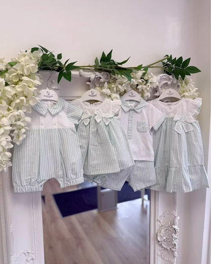 Deolinda Mint Stripe Short Set featuring a white polo top with mint stripe collar, pocket and trims, paired with matching mint striped shorts.