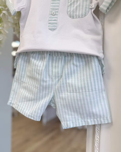 Deolinda Mint Stripe Short Set featuring a white polo top with mint stripe collar, pocket and trims, paired with matching mint striped shorts.