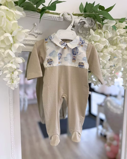 Deolinda Air Balloon Babygrow featuring a hot air balloon and bear print, neutral lower half, Peter Pan collar and popper fastening.