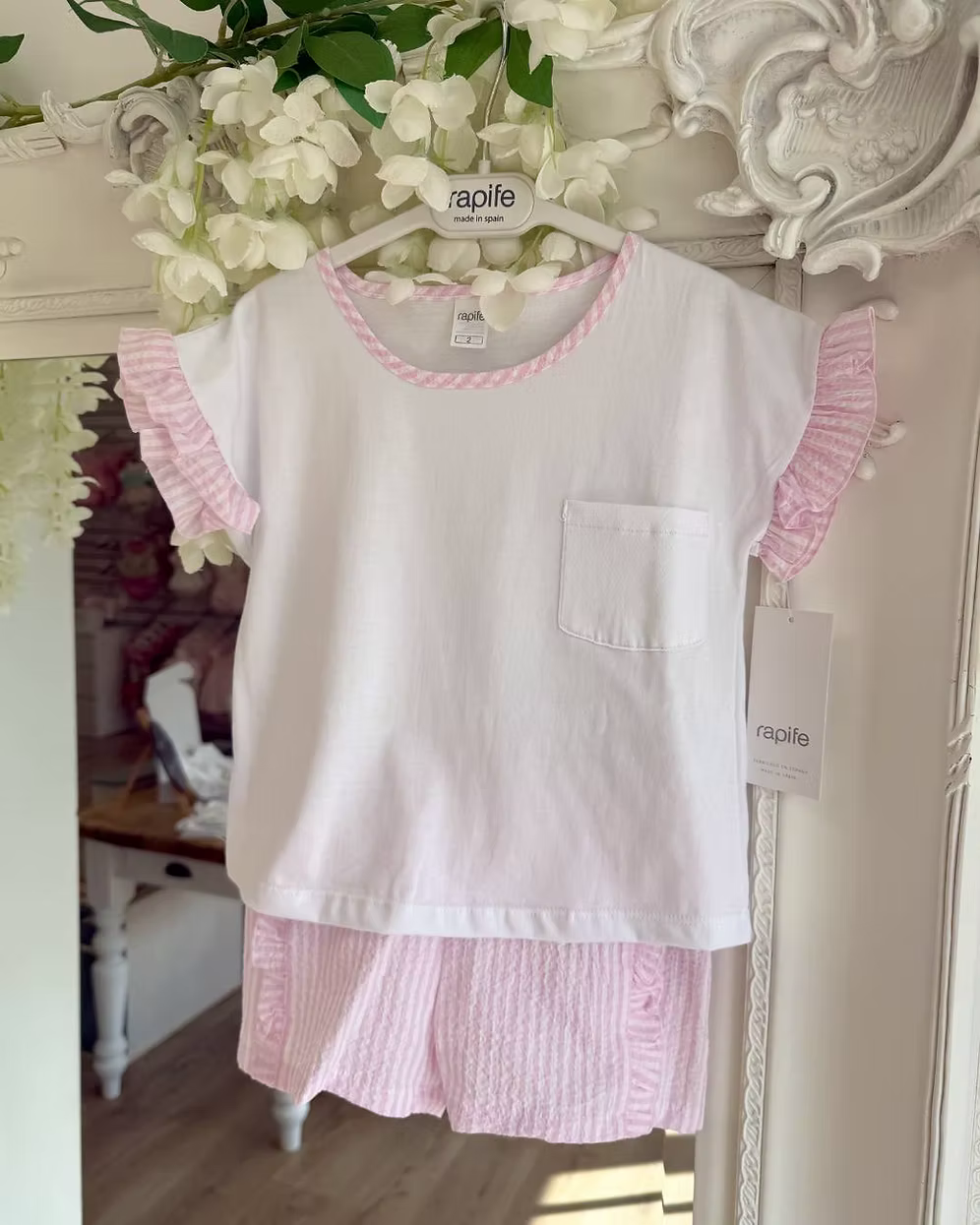 Rapife white tee with pink stripe frill sleeve, neck and shorts