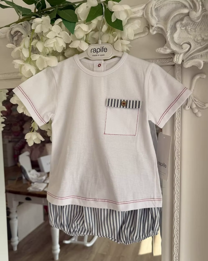 Featuring soft navy striped shorts paired with a fresh white tee. Beautifully detailed with subtle red stitch trims and a chest pocket finished with a navy stripe flap and wooden button.