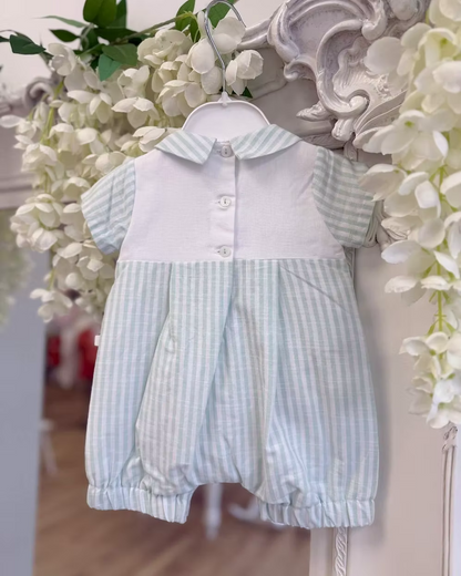Deolinda Mint Stripe Romper featuring pastel mint stripes, a white chest panel, pointed collar, button detailing and a classic summer design.