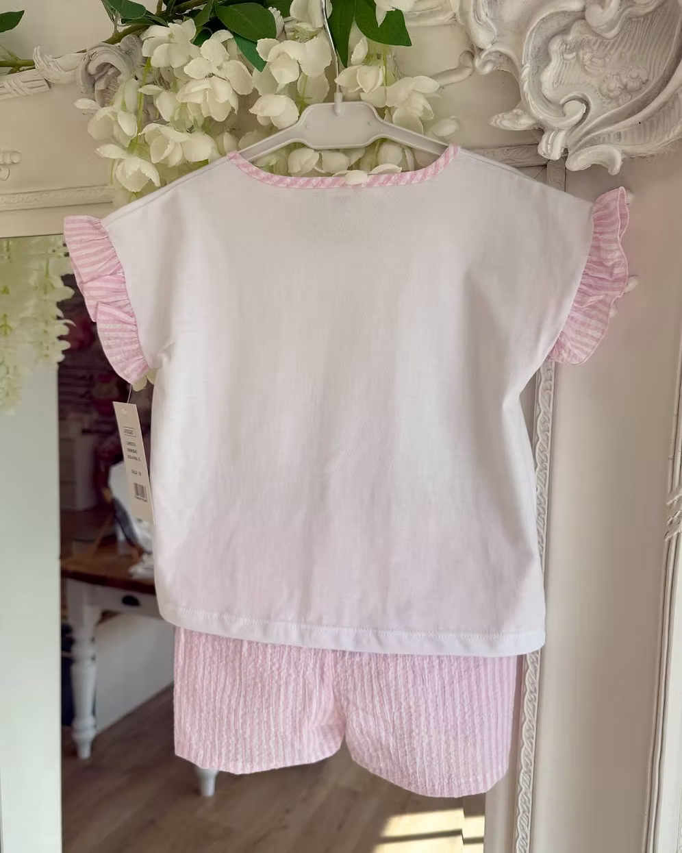 Rapife white tee with pink stripe frill sleeve, neck and shorts