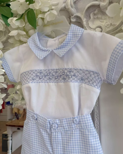 Pretty Originals Harry Gingham Short Set featuring blue and white gingham shorts, hand-smocked embroidered shirt and matching gingham trims.