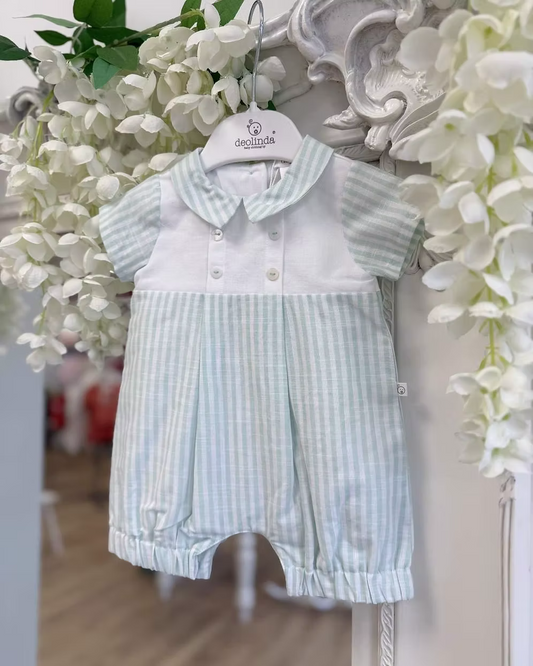 Deolinda Mint Stripe Romper featuring pastel mint stripes, a white chest panel, pointed collar, button detailing and a classic summer design.