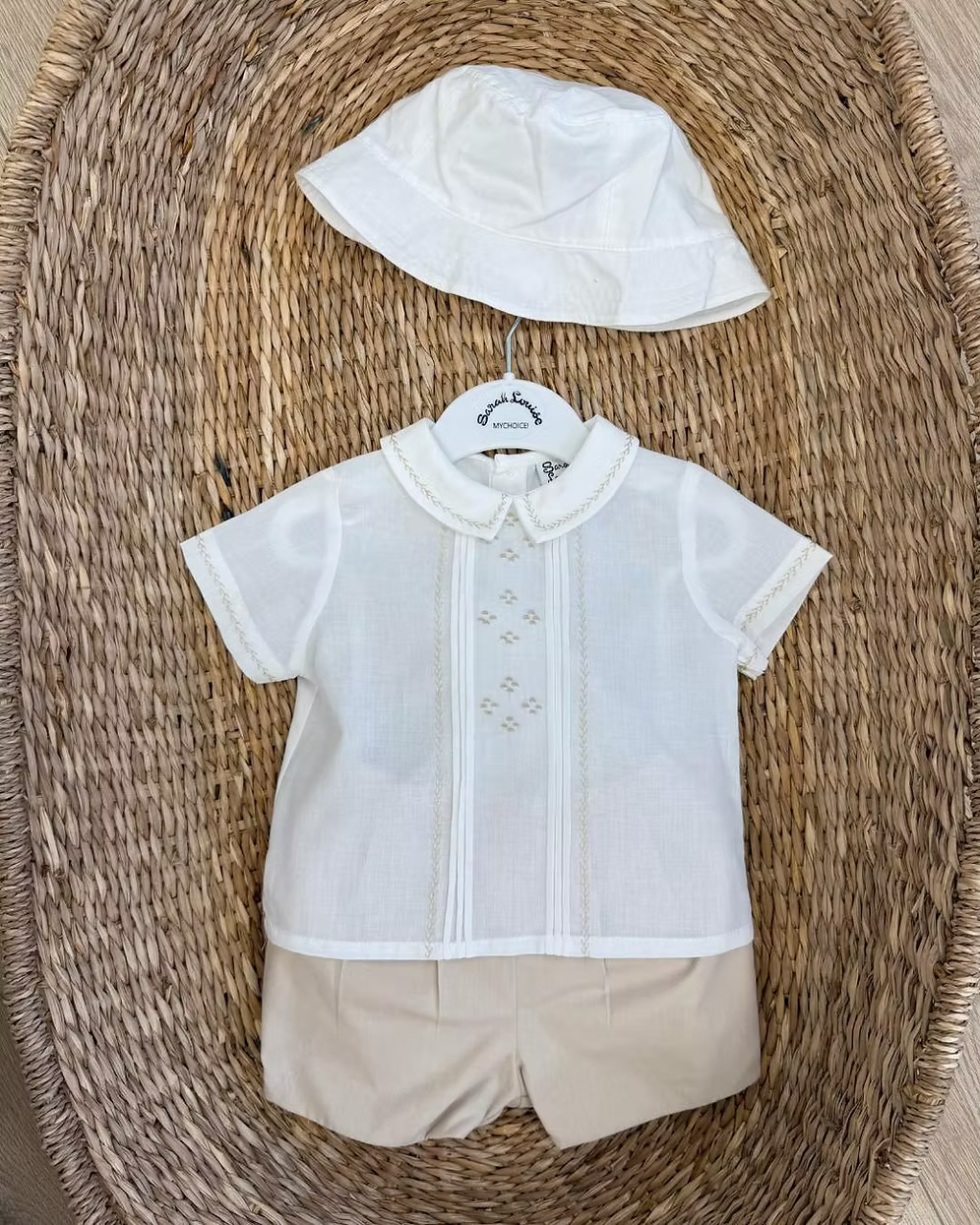 Sarah Louise x Little Lambs Heritage Sun Hat featuring a classic design in ivory or warm beige with lightweight, breathable fabric.